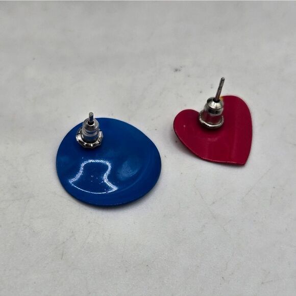 "5/$25" Mismatched Colorful Retro 80s Pop Art Circle/Heart Metal Stud Earrings - Picture 3 of 6